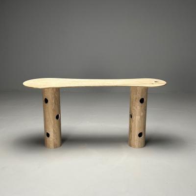 Contemporary Organic Modern Console Table Double Pedestal Beige Marble