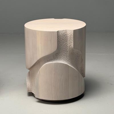 Contemporary Organic Modern Round Sculptural Nightstands Bleached Ashwood