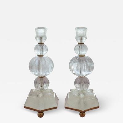 Contemporary Pair Clear Rock Crystal Quartz Candlesticks with Star Motif