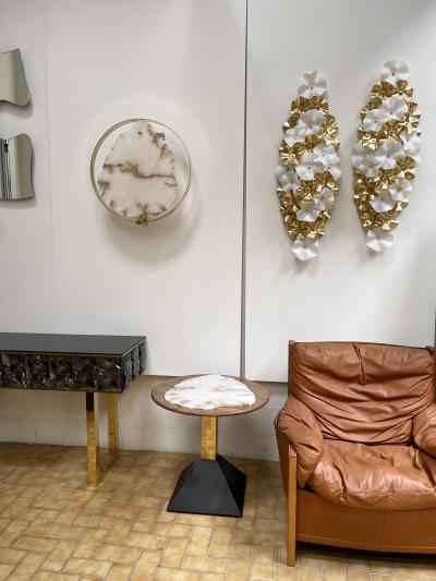 Contemporary Pair of Alabaster Circle Brass Sconces Italy