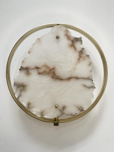 Contemporary Pair of Alabaster Circle Brass Sconces Italy