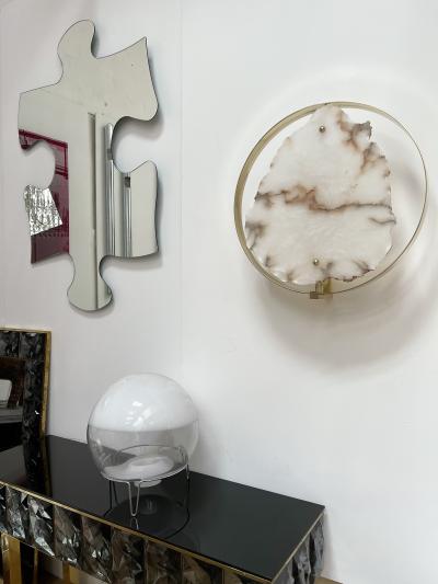 Contemporary Pair of Alabaster Circle Brass Sconces Italy