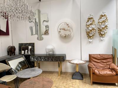 Contemporary Pair of Alabaster Circle Brass Sconces Italy