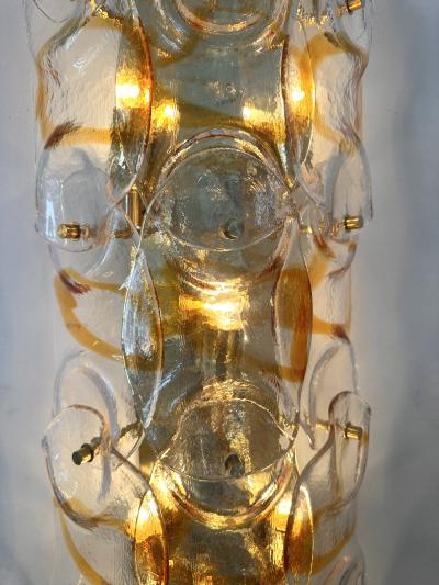 Contemporary Pair of Amber Pennellate Murano Glass and Brass Sconces Italy