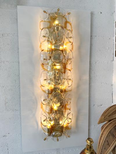Contemporary Pair of Amber Pennellate Murano Glass and Brass Sconces Italy