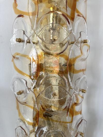 Contemporary Pair of Amber Pennellate Murano Glass and Brass Sconces Italy