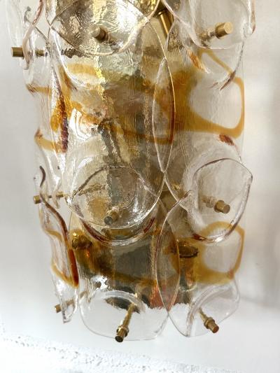 Contemporary Pair of Amber Pennellate Murano Glass and Brass Sconces Italy