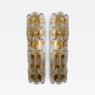 Contemporary Pair of Amber Pennellate Murano Glass and Brass Sconces Italy