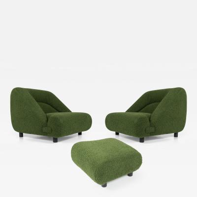 Contemporary Pair of Armchairs with Ottoman Green Upholstery Italy