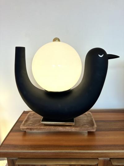Contemporary Pair of Bird Lamps Opaline Murano Glass Brass and Wood Italy