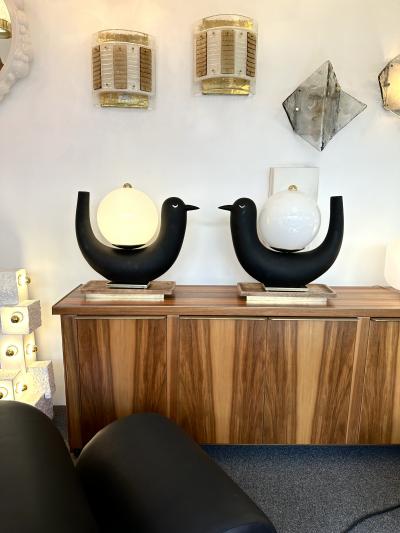 Contemporary Pair of Bird Lamps Opaline Murano Glass Brass and Wood Italy