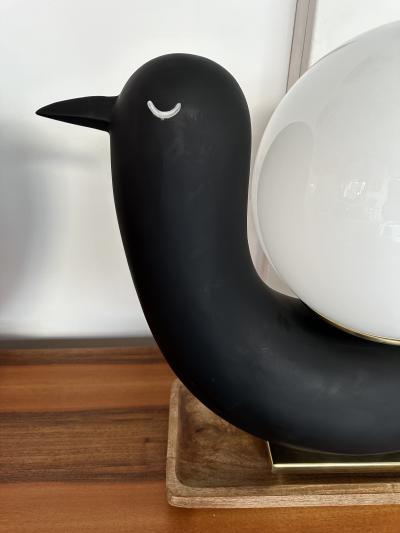 Contemporary Pair of Bird Lamps Opaline Murano Glass Brass and Wood Italy