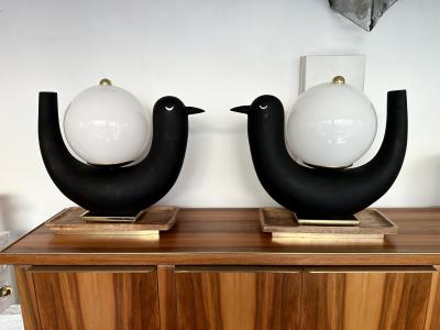 Contemporary Pair of Bird Lamps Opaline Murano Glass Brass and Wood Italy