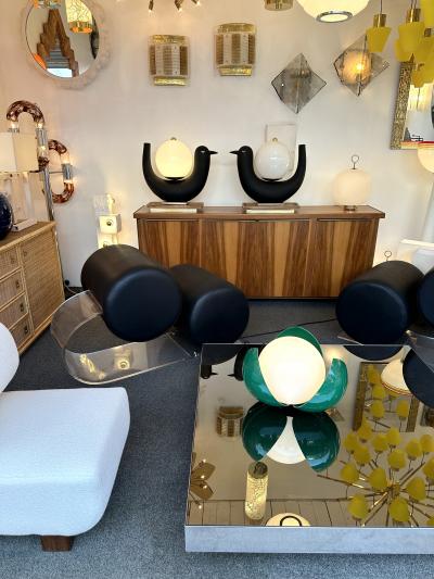 Contemporary Pair of Bird Lamps Opaline Murano Glass Brass and Wood Italy