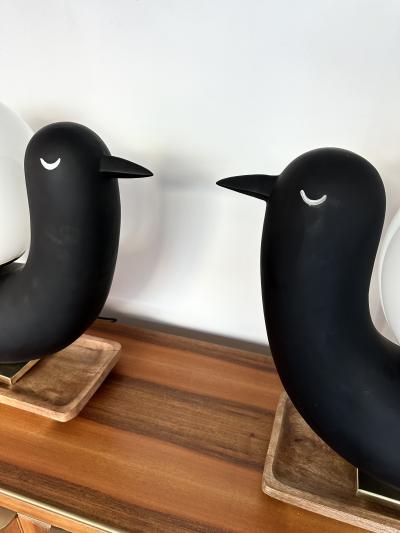 Contemporary Pair of Bird Lamps Opaline Murano Glass Brass and Wood Italy