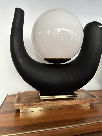 Contemporary Pair of Bird Lamps Opaline Murano Glass Brass and Wood Italy