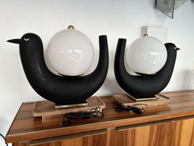 Contemporary Pair of Bird Lamps Opaline Murano Glass Brass and Wood Italy