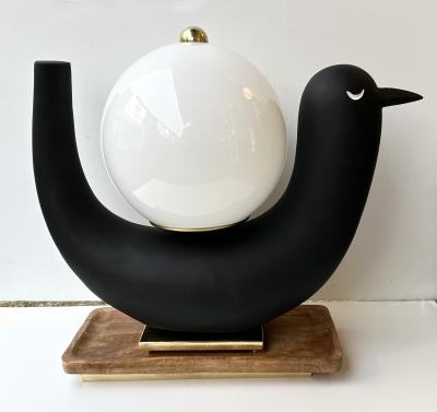 Contemporary Pair of Bird Lamps Opaline Murano Glass Brass and Wood Italy