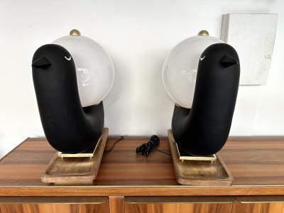 Contemporary Pair of Bird Lamps Opaline Murano Glass Brass and Wood Italy
