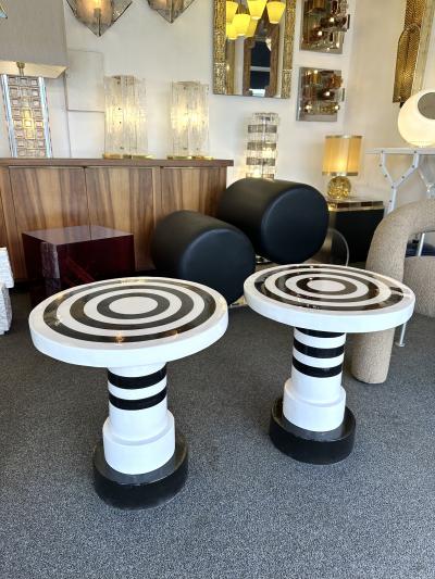 Contemporary Pair of Black and White Ceramic Stripe Side Tables Italy
