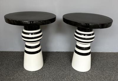 Contemporary Pair of Black and White Ceramic Stripe Side Tables Italy