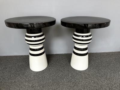 Contemporary Pair of Black and White Ceramic Stripe Side Tables Italy