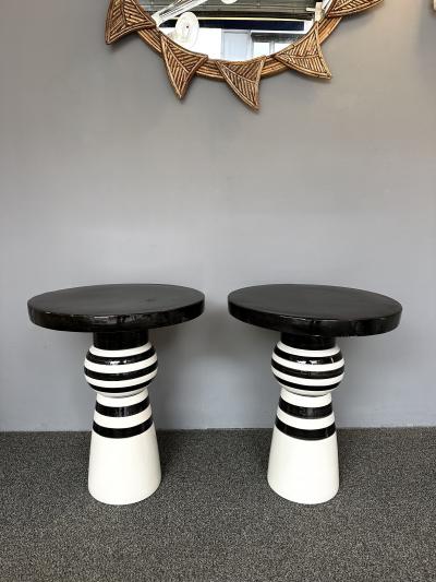 Contemporary Pair of Black and White Ceramic Stripe Side Tables Italy