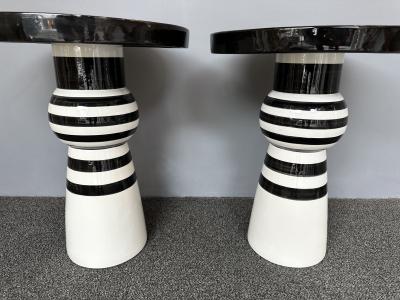 Contemporary Pair of Black and White Ceramic Stripe Side Tables Italy