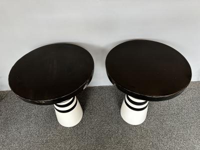 Contemporary Pair of Black and White Ceramic Stripe Side Tables Italy