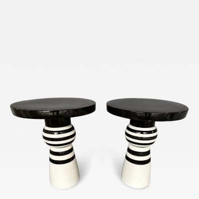 Contemporary Pair of Black and White Ceramic Stripe Side Tables Italy