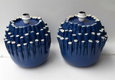 Contemporary Pair of Blue Anemone Ceramic Lamps Italie