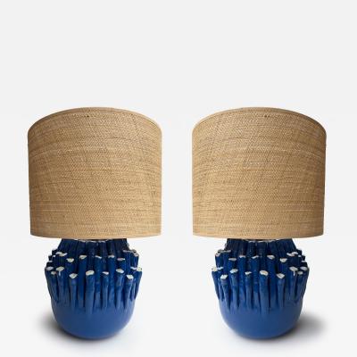 Contemporary Pair of Blue Anemone Ceramic Lamps Italie