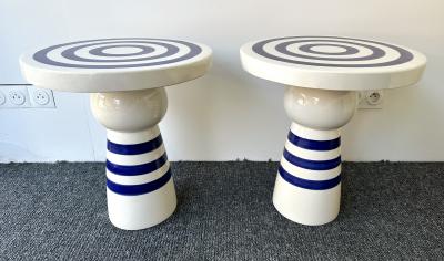 Contemporary Pair of Blue and White Ceramic Stripe Side Tables Italy