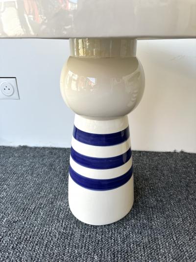 Contemporary Pair of Blue and White Ceramic Stripe Side Tables Italy