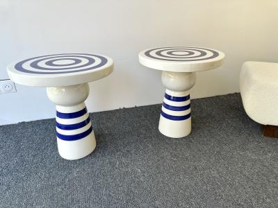 Contemporary Pair of Blue and White Ceramic Stripe Side Tables Italy