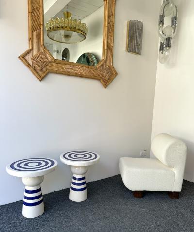 Contemporary Pair of Blue and White Ceramic Stripe Side Tables Italy