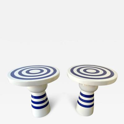 Contemporary Pair of Blue and White Ceramic Stripe Side Tables Italy