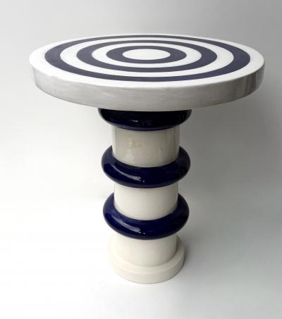 Contemporary Pair of Blue and White Ceramic Stripe Side Tables Italy