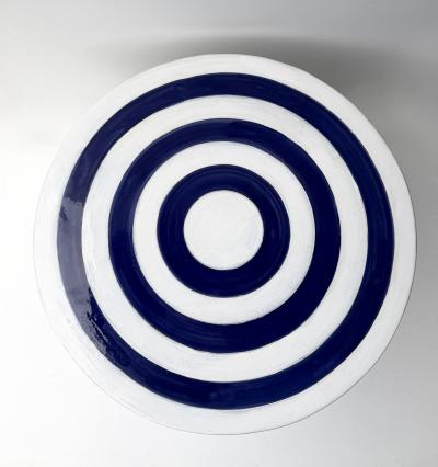 Contemporary Pair of Blue and White Ceramic Stripe Side Tables Italy