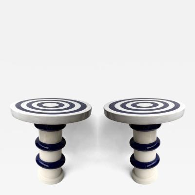 Contemporary Pair of Blue and White Ceramic Stripe Side Tables Italy