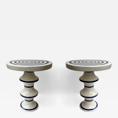 Contemporary Pair of Blue and White Ceramic Stripe Side Tables Italy