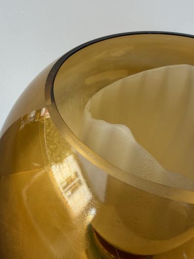 Contemporary Pair of Brass Ceramic Murano Glass Amber Ball Flame Lamps Italy