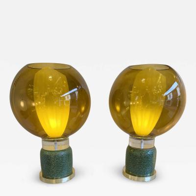 Contemporary Pair of Brass Ceramic Murano Glass Amber Ball Flame Lamps Italy