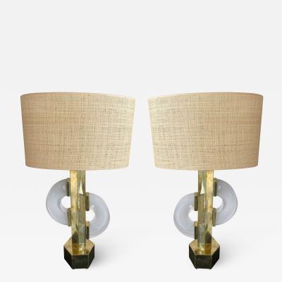 Contemporary Pair of Brass Double C Murano Glass Lamps Italy