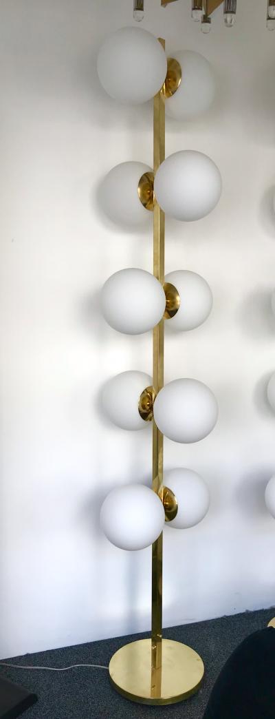 Contemporary Pair of Brass Floor Lamps Opaline Ball Italy