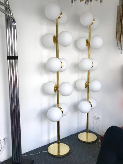 Contemporary Pair of Brass Floor Lamps Opaline Ball Italy