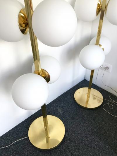 Contemporary Pair of Brass Floor Lamps Opaline Ball Italy