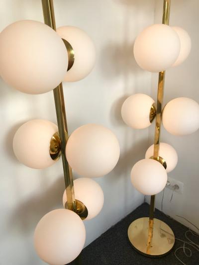 Contemporary Pair of Brass Floor Lamps Opaline Ball Italy
