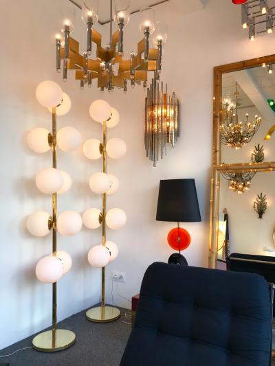 Contemporary Pair of Brass Floor Lamps Opaline Ball Italy