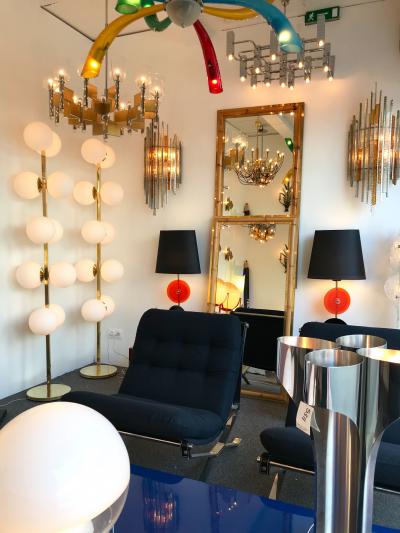 Contemporary Pair of Brass Floor Lamps Opaline Ball Italy